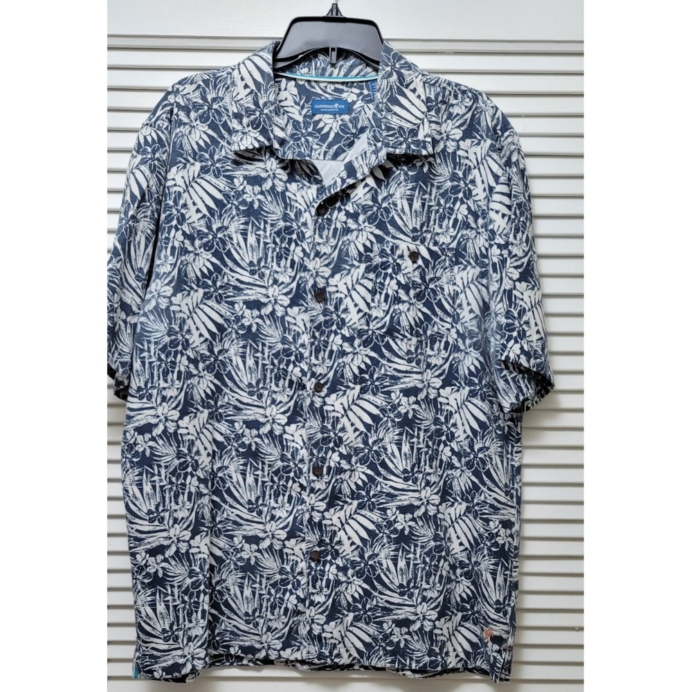 Tropical Floral Hawaiian Linen Blend Shirt Blue White Caribbean Joe Mens XL